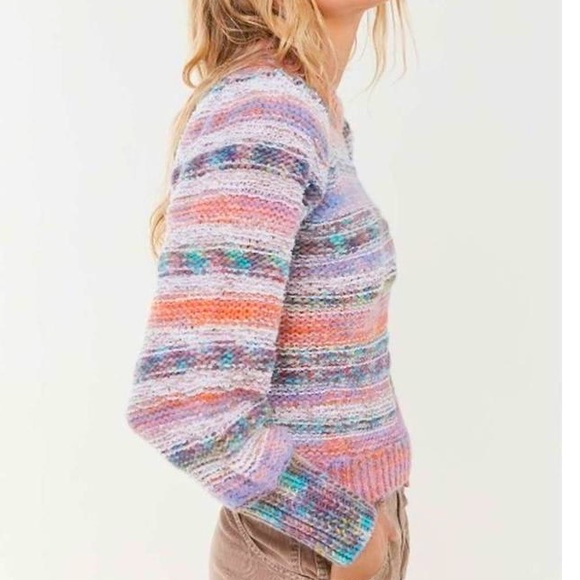 UO Rainbow Space-Dye Stripe Knit Wool Blend Balloon Puff Sleeve Pullover Sweater - Picture 7 of 15